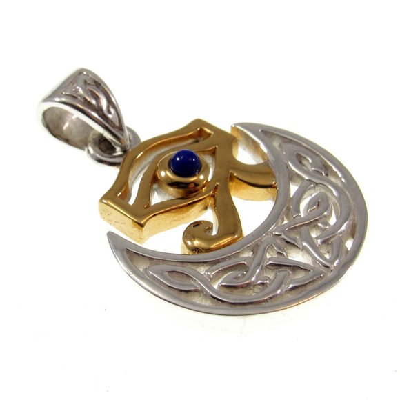 Solid 925 Sterling Silver & 18k Gold Celtic Scota Goddess Eye of Horus Pendant - Picture 3 of 5